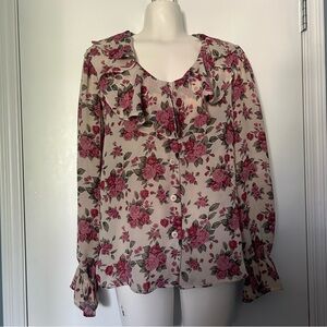 Notches Floral Print Semi-sheer Long Sleeve Ruffle Detail Button Up Blouse